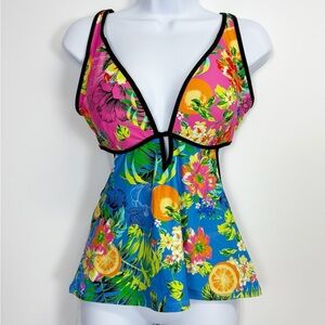 Bar iii Tankini Top Womens Large Multi Blue Citrus Floral Summer Spritz Swim NWT